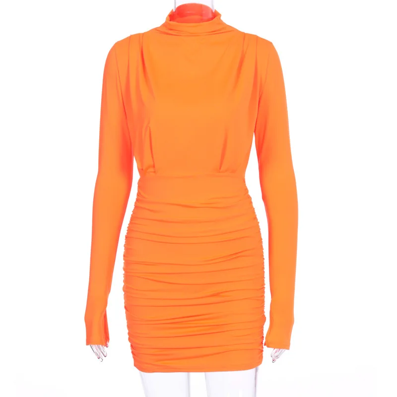 Женские мини платья с криптографическим принтом, однотонное платье со стоячим воротничком и длинным рукавом, осень, ночная Клубная одежда, платья для вечеринок в винтажном стиле - Цвет: orange