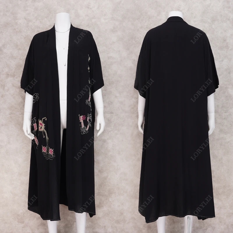 Blusas mujer de moda, женская блузка, плюс размер, пляжная одежда, винтажная, черная, с вышивкой, длинное кимоно, кардиган, женские топы Q972