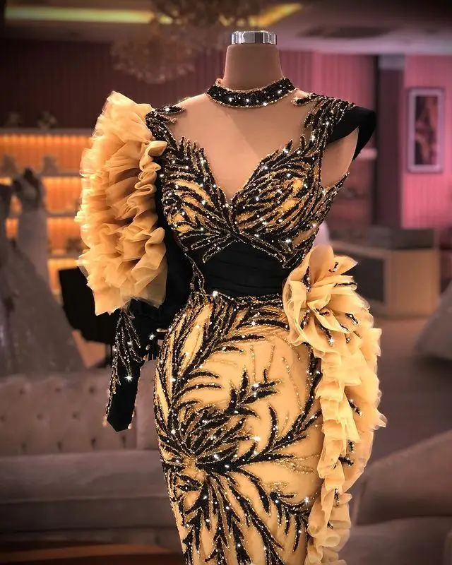 

One Shoulder Ruffles Mermaid Prom Dresses Beaded High Neck Long Sleeve Evening Gowns Party Dress Special Occassion robe de soire