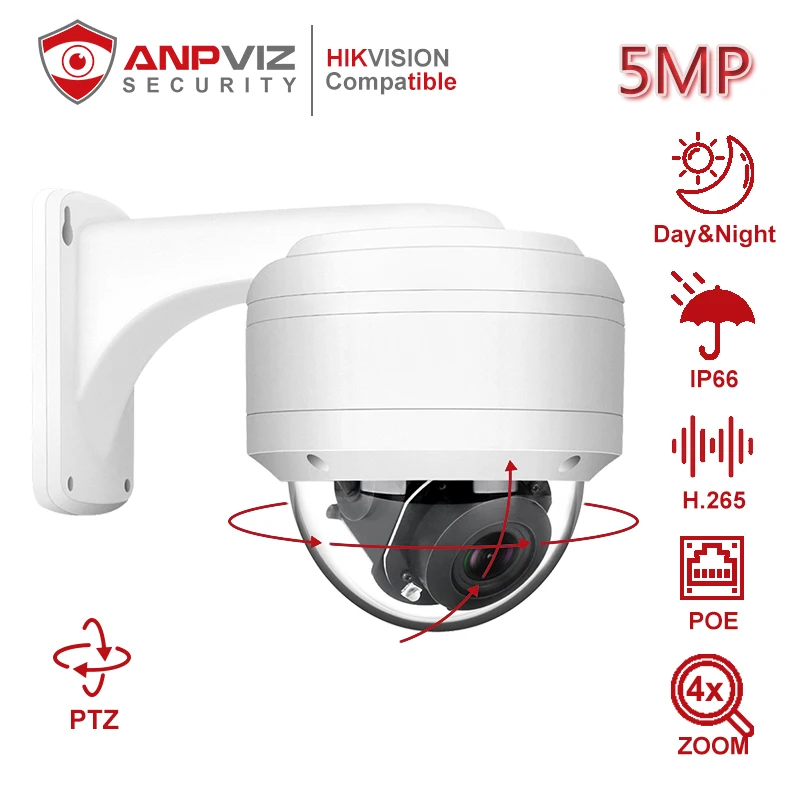 Exterior à Prova de Intempéries 2.7-13.5mm com Áudio Anpviz Dome Câmera ip 5x Zoom Óptico Casa – ir 35m Onvif H.265 P2p 5mp Poe