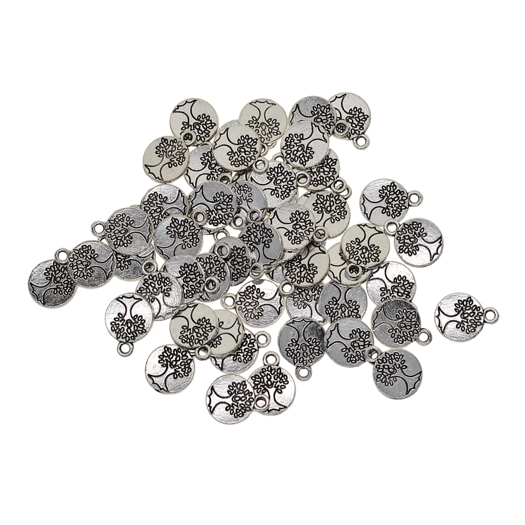 Wholesale 50pcs Tibetan silver color Plated Engraved Tree of life Charms Pendants for Jewelry Making DIY Handmade Craft Accessory 15mm