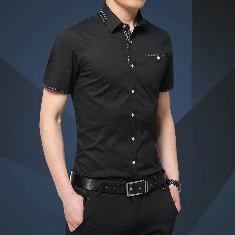 Новая модная мужская рубашка с коротким рукавом для мужчин s Slim Fit повседневные рубашки Платье рубашка Азиатский Размер 5XL брендовая одежда - Цвет: Черный