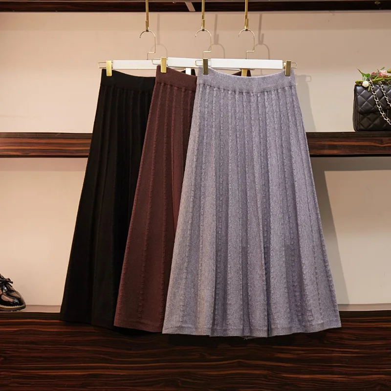 

Plus Size Casual Solid Color Knitting Midi Skirt Women Autumn Winter Warm Elegant Elastic Hight Waist A Line Slim Pleated Skirt