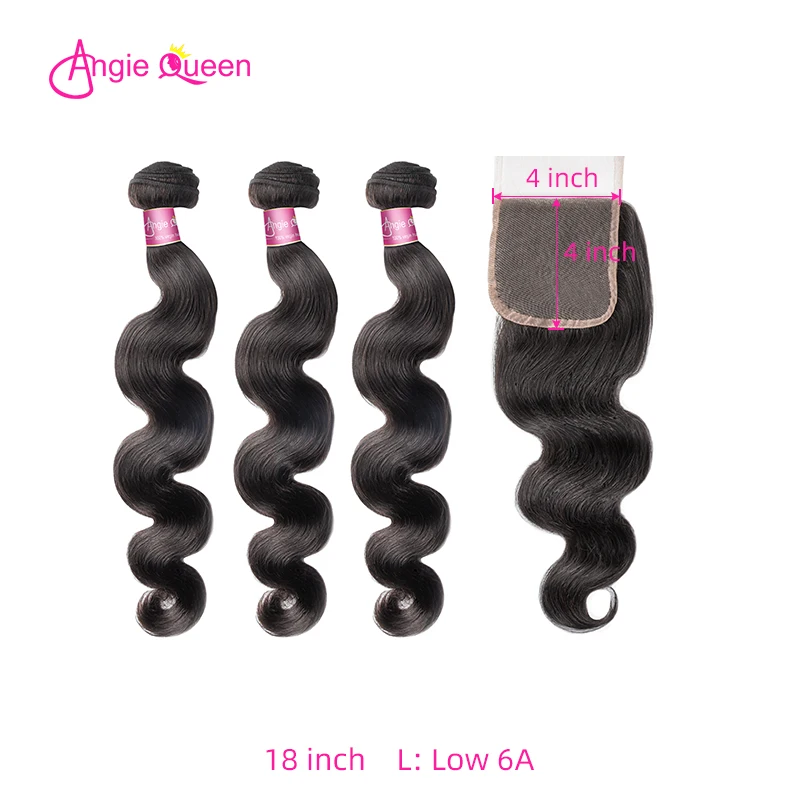 

Angie Queen Body Wave Malaysian Remy Hair Nautral Color 100% Human Hair Bundles With Closure Lace Closure With 3 Bundles L