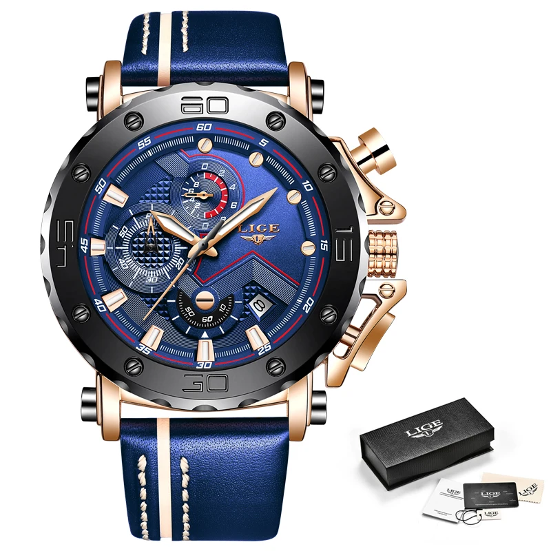 2020LIGE новые модные мужские часы Топ бренд класса люкс Большой циферблат военные кварцевые часы кожа водонепроницаемые спортивные часы с хронографом для мужчин - Цвет: Full blue