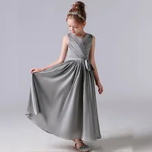 Smart Girl Dress For Party Wedding 2021 Gray Chiffon V-Neck Ankle-Length  Sleeveless Bow  Design Elegant A-Line Custom Made