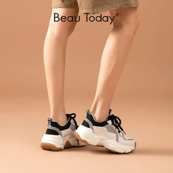 

BeauToday Chunky Sneakers Women Genuine Cow Leather Nylon Mesh Retro Design Lace-Up Closure lady Platform Shoes Handmade 2933310