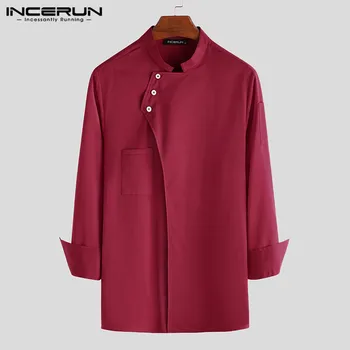 

INCERUN Chef Uniform Food Service Cooking Jackets Solid Color Men Kitchen Restaurant Costume Long Sleeve Stand Collar Tops S-5XL