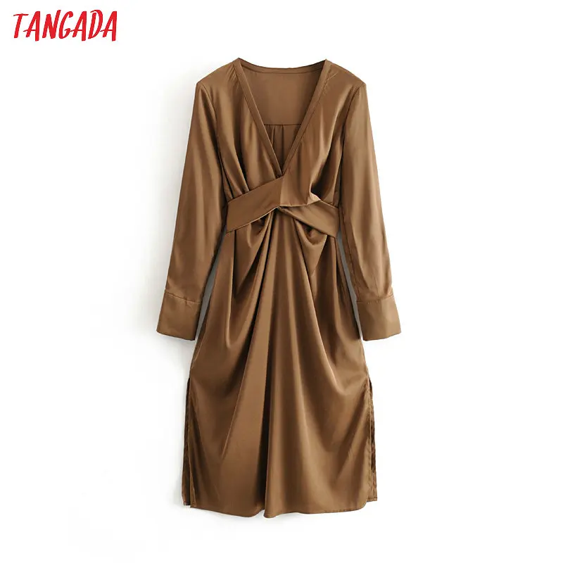 

Tangada women deep v neck sexy solid shirt dress bow slash long sleeve fashion lady midi dresses vestido 3H284