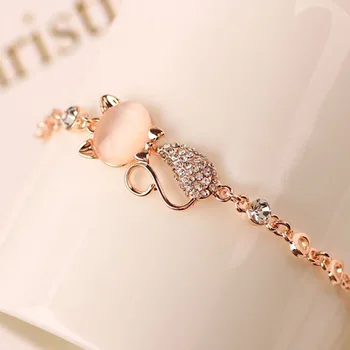 

Rose Gold Alloy Lovely Cat Bracelets for Women Femme Children Girl Gift Jewelry Charms Crystal Opals Rhinestone Bangle Chain