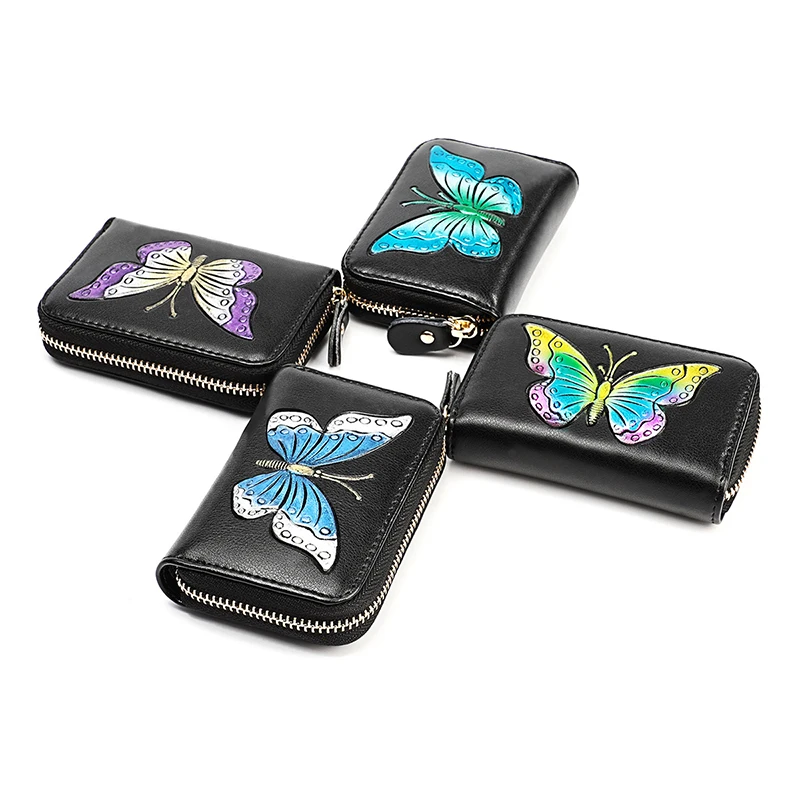 

Female Bank Credit Card Wallet Ms Real Cow Leather Multi-Card Rfid Organ Card Package Fashion Painted Rose Zipper Mini Package