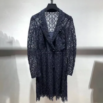 

Women Dress 2019 Autumn and Winter New V-neck Hook Flower Hollow Lace Slim Slim Dress