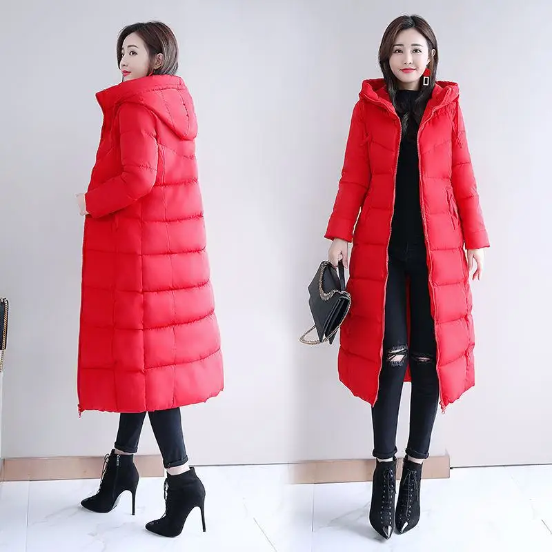 100 кг одежда новое зимнее женское стеганое длинное пальто размера плюс 6XL Женская пуховая куртка с капюшоном и хлопковой подкладкой парка верхняя одежда L02 - Цвет: red