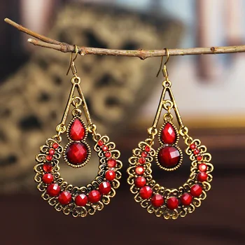 

Ethnic Red Beads Tribe Earrings Oorbellen Women's Vintage Gold Flower Alloy Hollow Jhumka Earrings Fashion Jewelry
