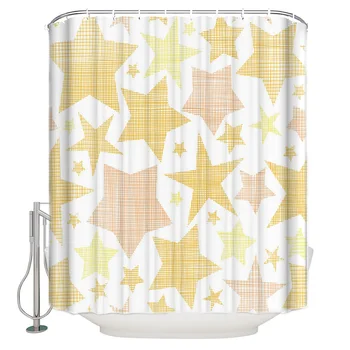 

WARMTOUR Shower Curtain Stars Golden Art Pentagram Gold Grid Bath Curtains Bathroom Decor with Hooks