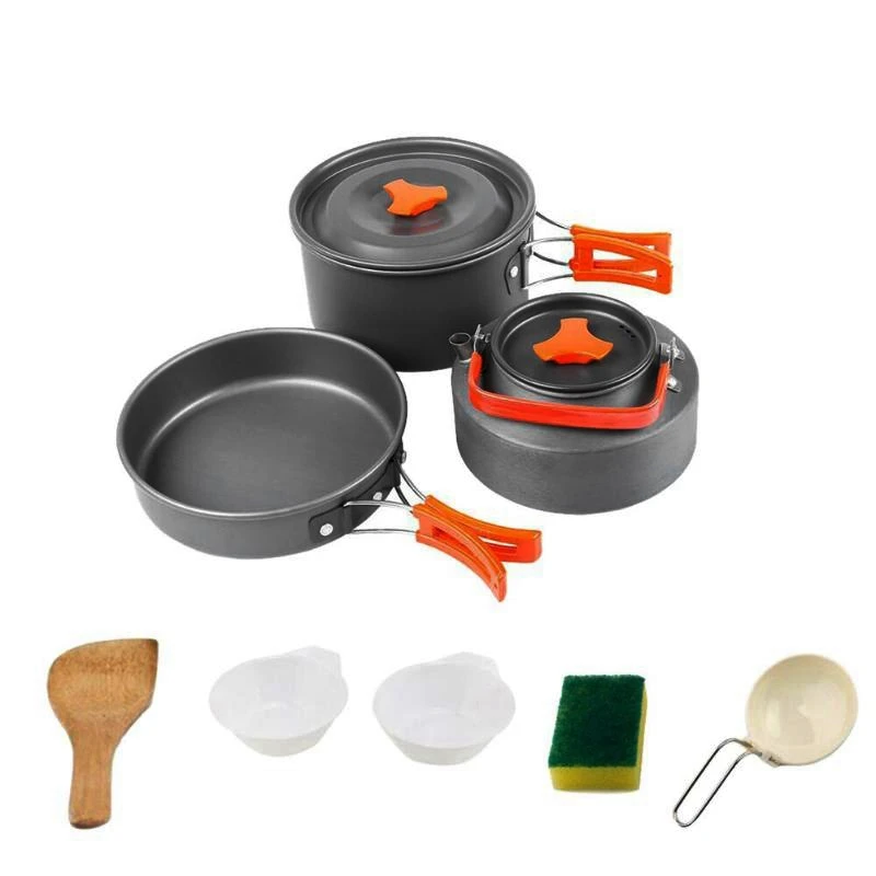 

8Pcs Outdoor Camping Hiking Picnic Teapot Pot Set Tea Frying Pan Aluminum Alloy Carabiner Cookware Pot Mess Outdoor Tableware