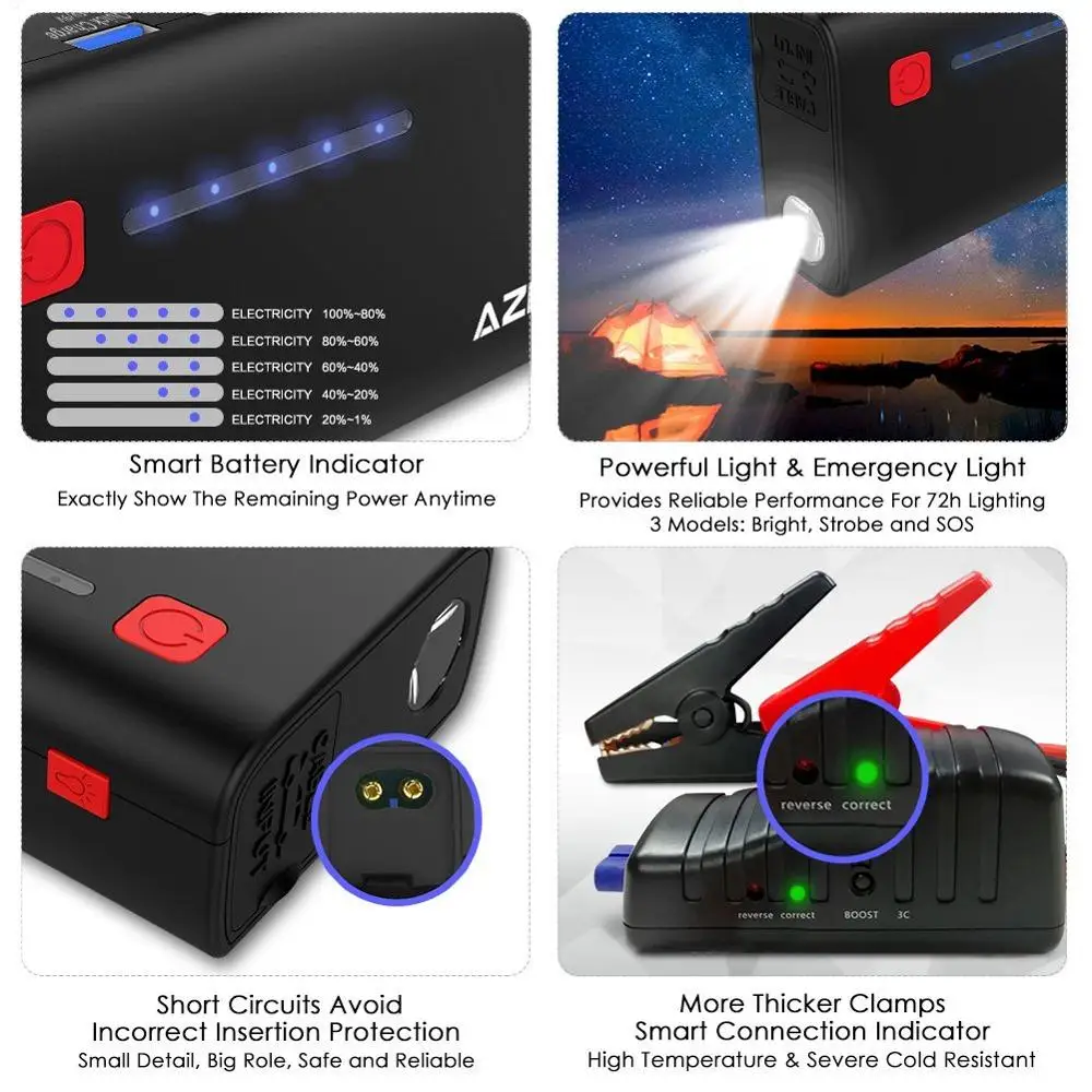 Пусковое устройство AZDOME XT01 800A 18000mAh(6.5L газовый или 5.5L дизельный двигатель) Внешний аккумулятор быстрая зарядка светодиодный фонарик пусковое устройство