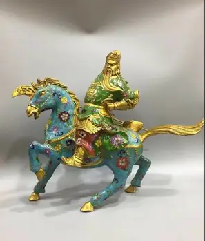 

bronze copper gold cloisonne enamel flower dragon sword Guan Gong on horse
