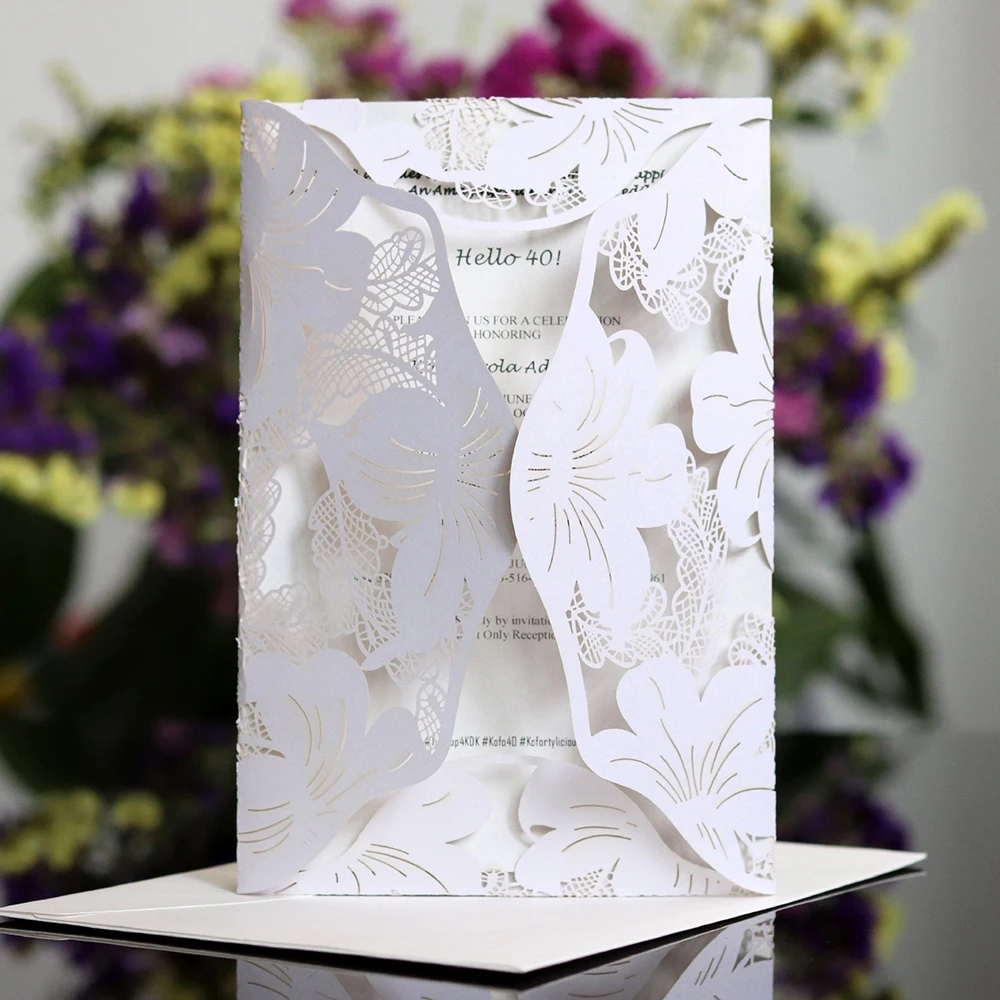  10pcs Elegant Square Hollow Lover Flower Laser Cut Wedding Invitation Card With Ribbon Personalized - 4.0003E+12