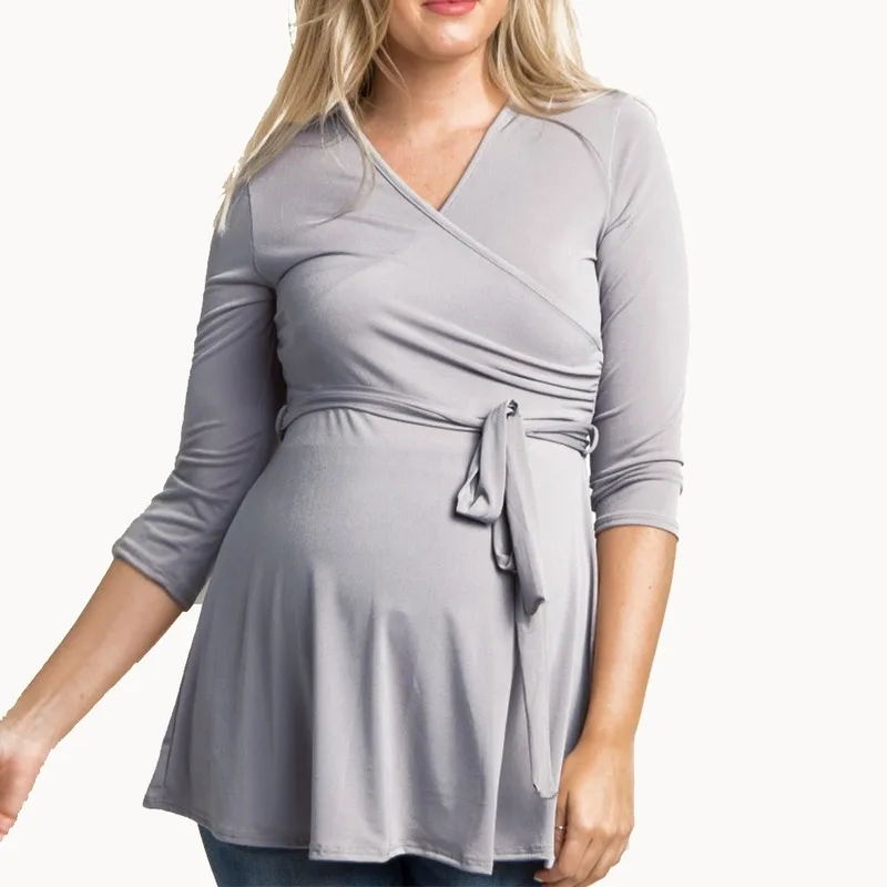 Pure spliced V-neck with waistband seven-minute sleeve wrapped Maternity Sweater pull-down nursing suit breastfeeding clothes