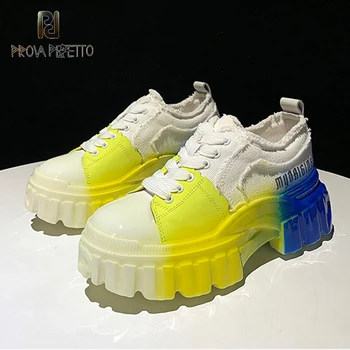 

Trendy Women's Autumn 2020 New Platform Platform Sneakers Graffiti Style Increased Lace-up Canvas Mixed Colors Handsome Shoes
