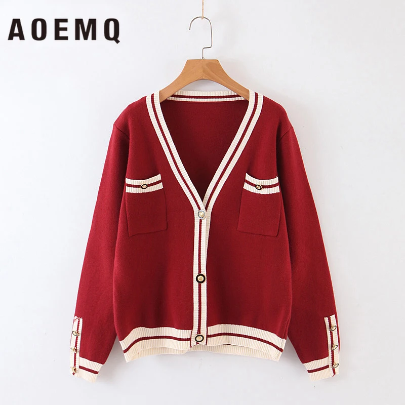 AOEMQ свитера классические школьная форма для студентов осенние свитера Кардиган полосатый принт с карманами ручная работа женская одежда