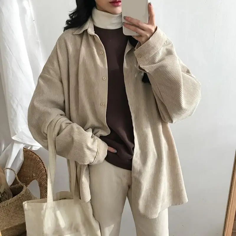 

Fall Women Casual Solid Single-Breasted Blouses Streetwear Long Sleeve Corduroy Shirts Elegant Lapel Plus Size Shirt