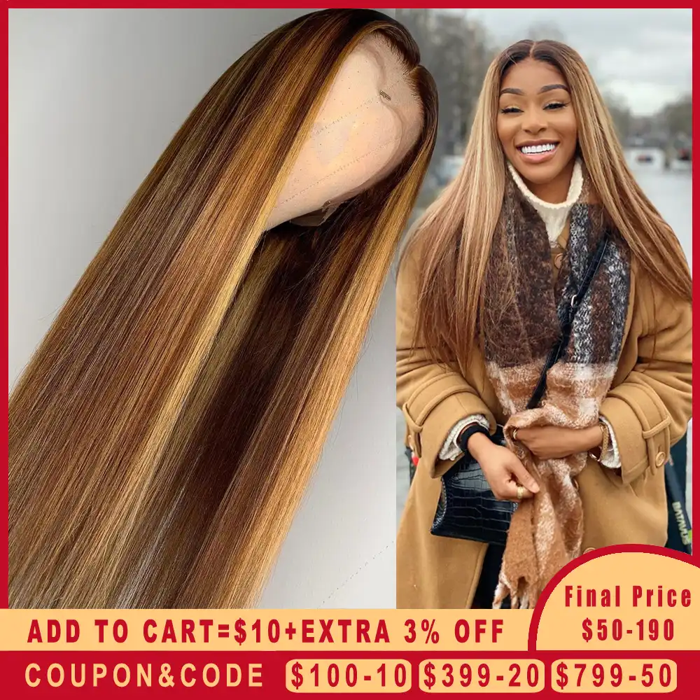 Ombre Highlight Human Hair Wig Brown Honey Blonde Colored 13x6