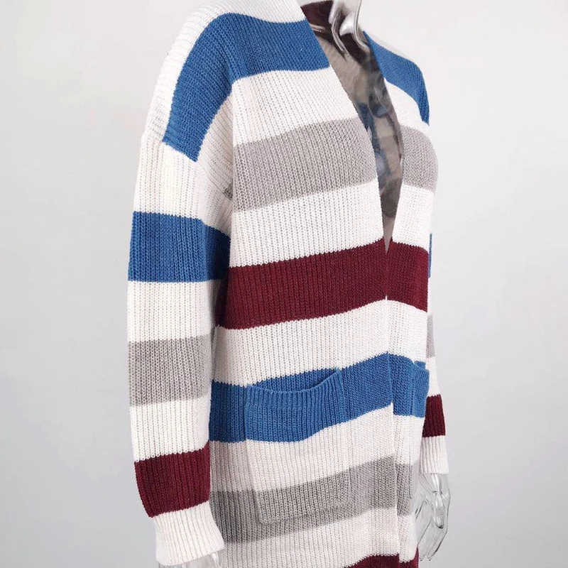 

Women Long Sleeve Knee Length Cardigan Color Block Striped Open Front Sweater