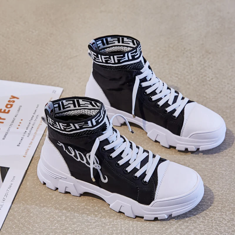 

High top shoes woman Rubber sole Non slip Breathable Soft Canvas shoes girls Genuine Leather Chunky sneakers women Fashion