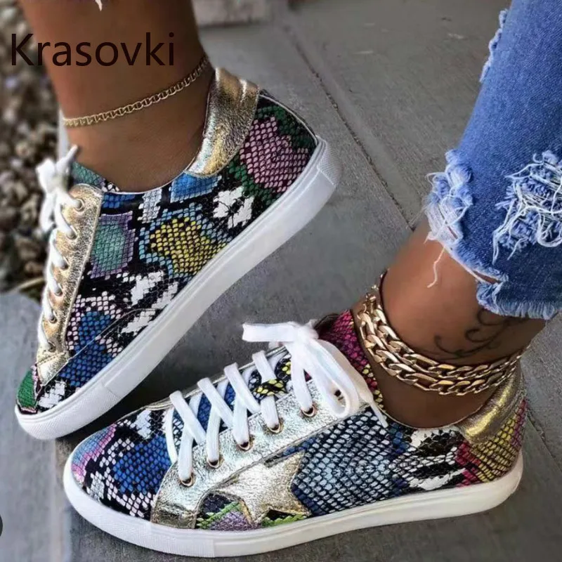 

Krasovki Women Flat Shoes Lace Up Fashion Round Toe Spring Cross Tied Breathable Sneak Print Causal Flat Bottom Women Sneakers