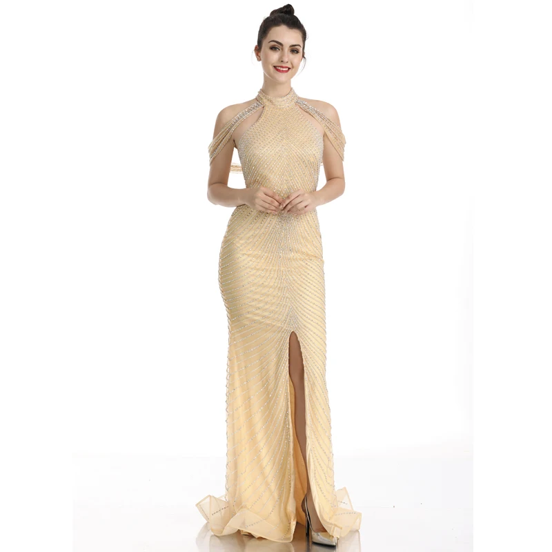 Sexy Backless Celebrity Dresses High Neck Beaded Front Split Luxurious Trumpt Robe De Beaded Sequins Evening Party Gowns ZD2001