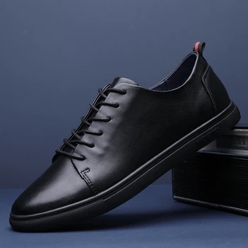 

Luxurious Genuine Cowhide Leather Men's Sneakers Casual Shoes Daily Shoes Lace Up Flat Shoes Male Black Breathable Walking Shoes