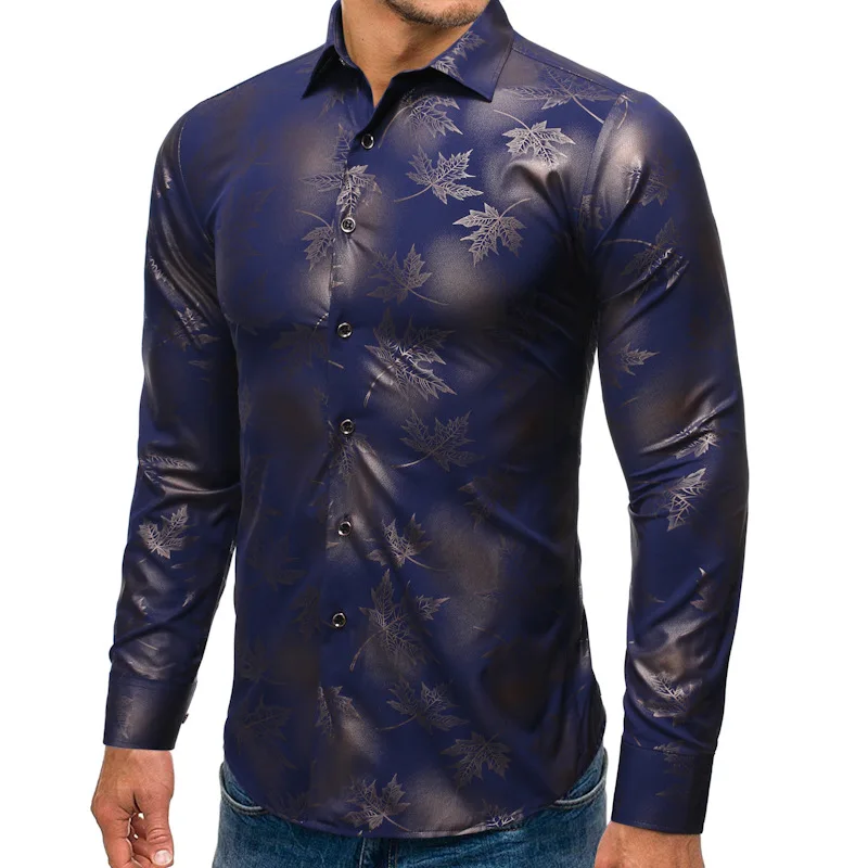Демисезонный Для мужчин Модная рубашка с рисунком в виде кленового листа, рубашки для мальчиков с длинным рукавом рубашка Slim Fit Повседневное Для мужчин, сорочка