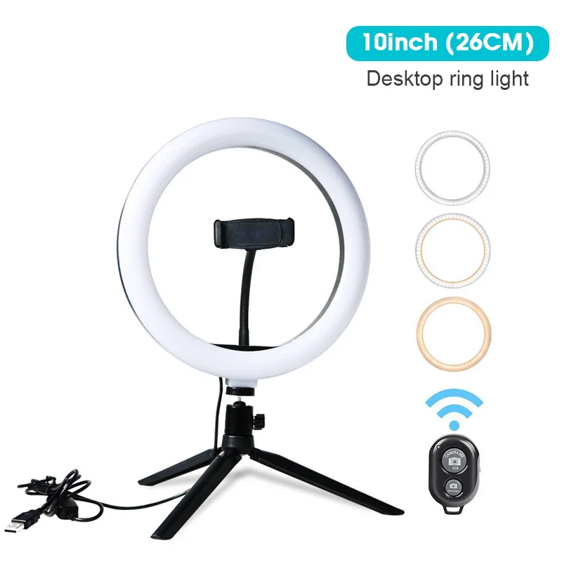 

10 inch 26cm LED Selfie Ring Light With Remote Control Tripod Stand Phone Clamp Video Selfie Makeup Photography Light Lamp Kits