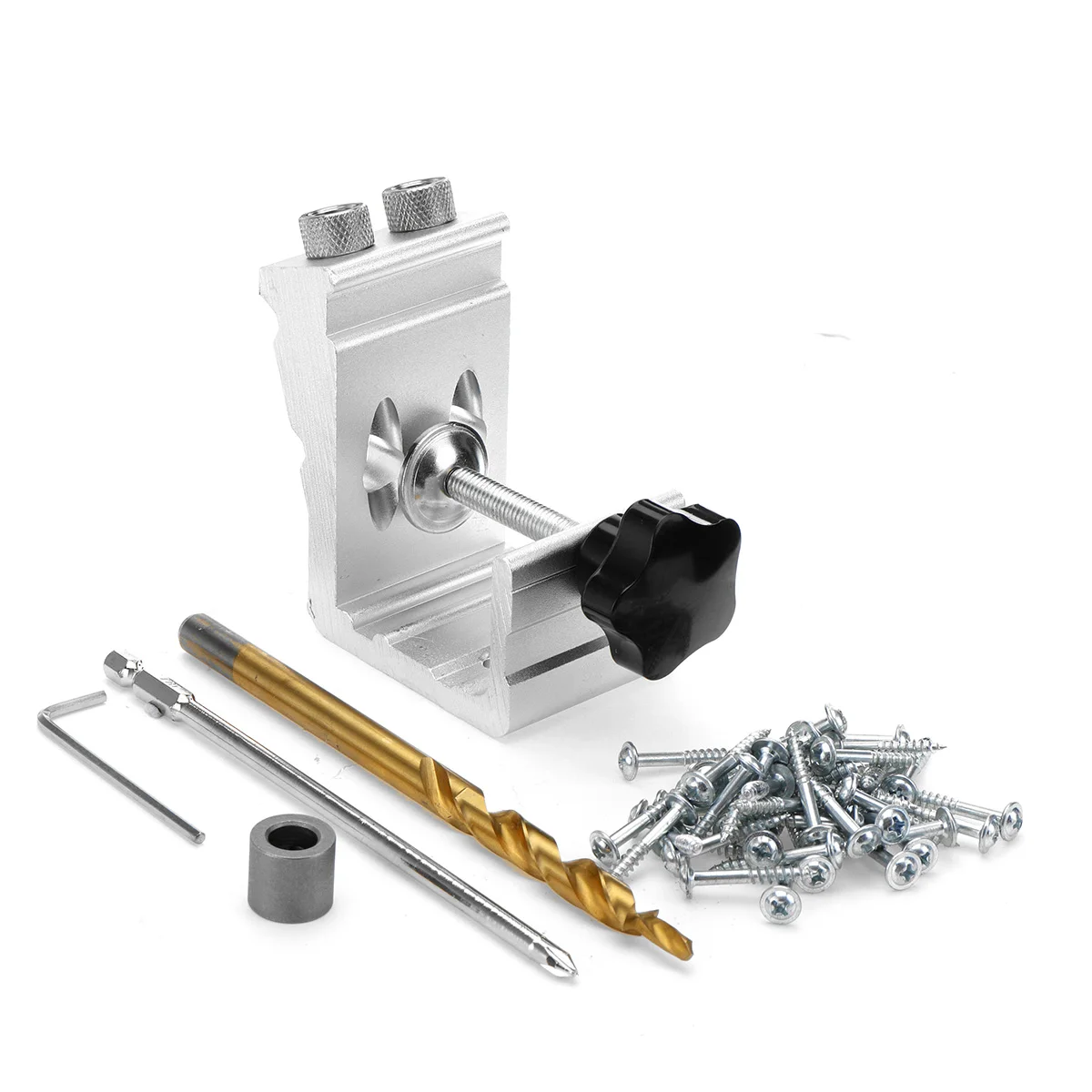 

Doersupp Drill Guide Set Locator Hole Locate Punch Jig Kit + Step Drilling Bit Wood Tools Set Woodworking
