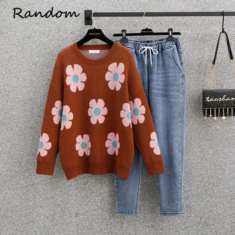 

Женский Повседневный Спортивный костюм размера плюс, свитер с цветами, вязаный Топ и джинсовые брюки-шаровары, комплект из двух предметов, зимний джинсовый костюм, винтажная одежда