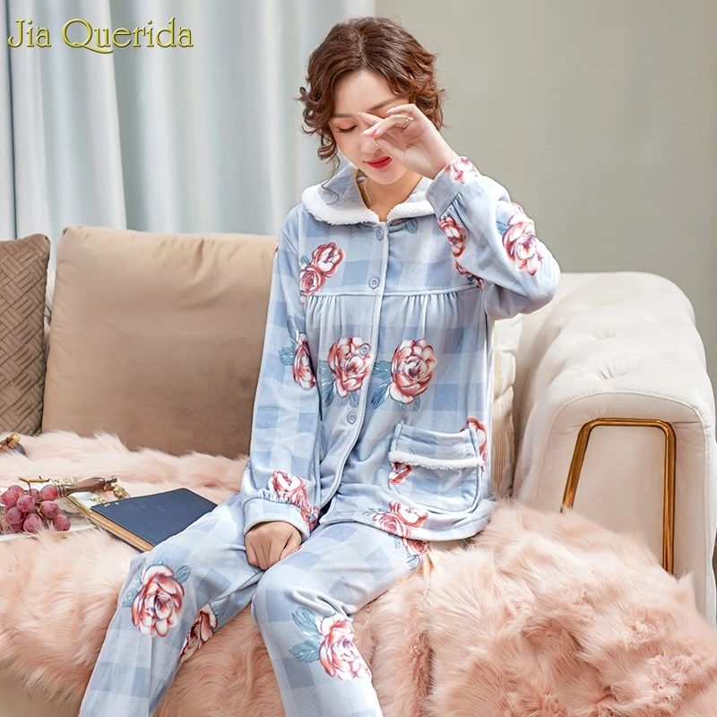 High Quality Womens Pajamas Sky Blue Floral Printing Flannel Pajama Ladies Winter Cozy Homewear Flannel Fleece Women's Two Piece