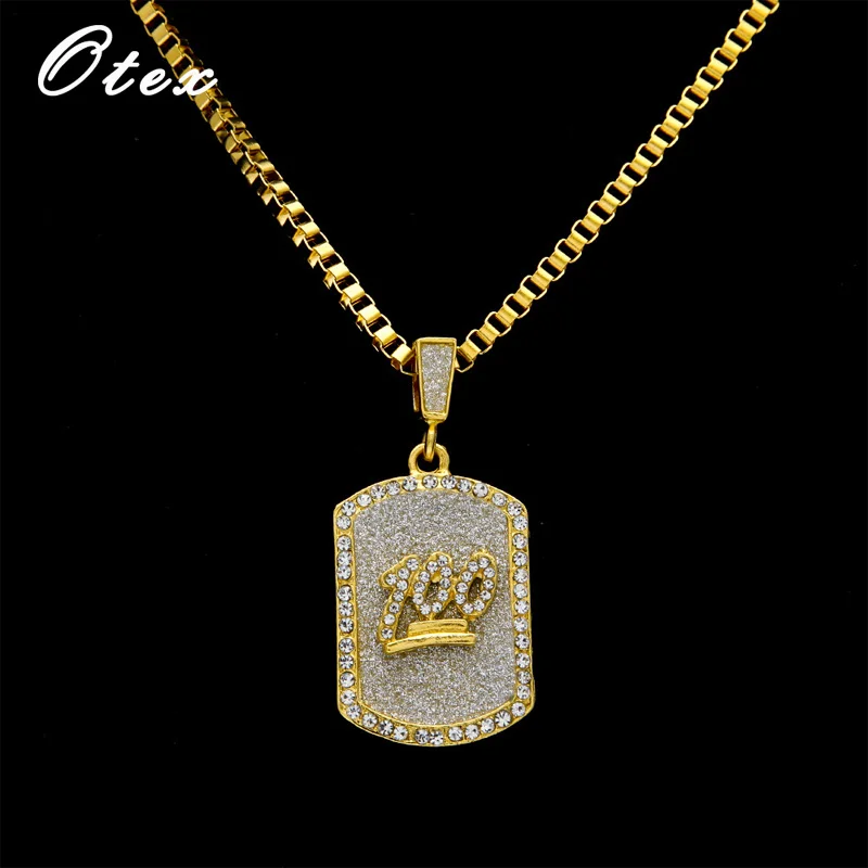 

Luxury Rhinestone Jesuit Dog Tag Necklaces Gold Color Crystal Emoji 100 Points Cuban Link Pendant Necklace Men Hip Hop Jewelry