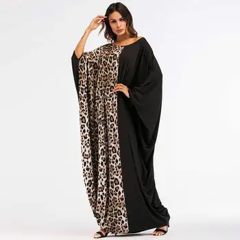 

2020 Leopard Print Patchwork Women Muslim Abaya African Maxi Dress Kaftan Ramadan Robe Chic Vestido Batwing Loose Gown Plus Size
