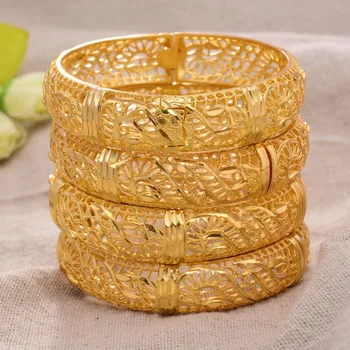

Can open 4Pcs Flower Dubai Gold Color Bangles Women Girls Jewelry Arab Middle Eastern African Copper Bangles Wedding Gift