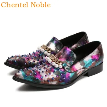

Chentel Colorful Rivet Fashion Pearl Mens Dress Flat Shoes Genuine Leather Breathable Loafters Mens Shoes Mixed Color Big Size