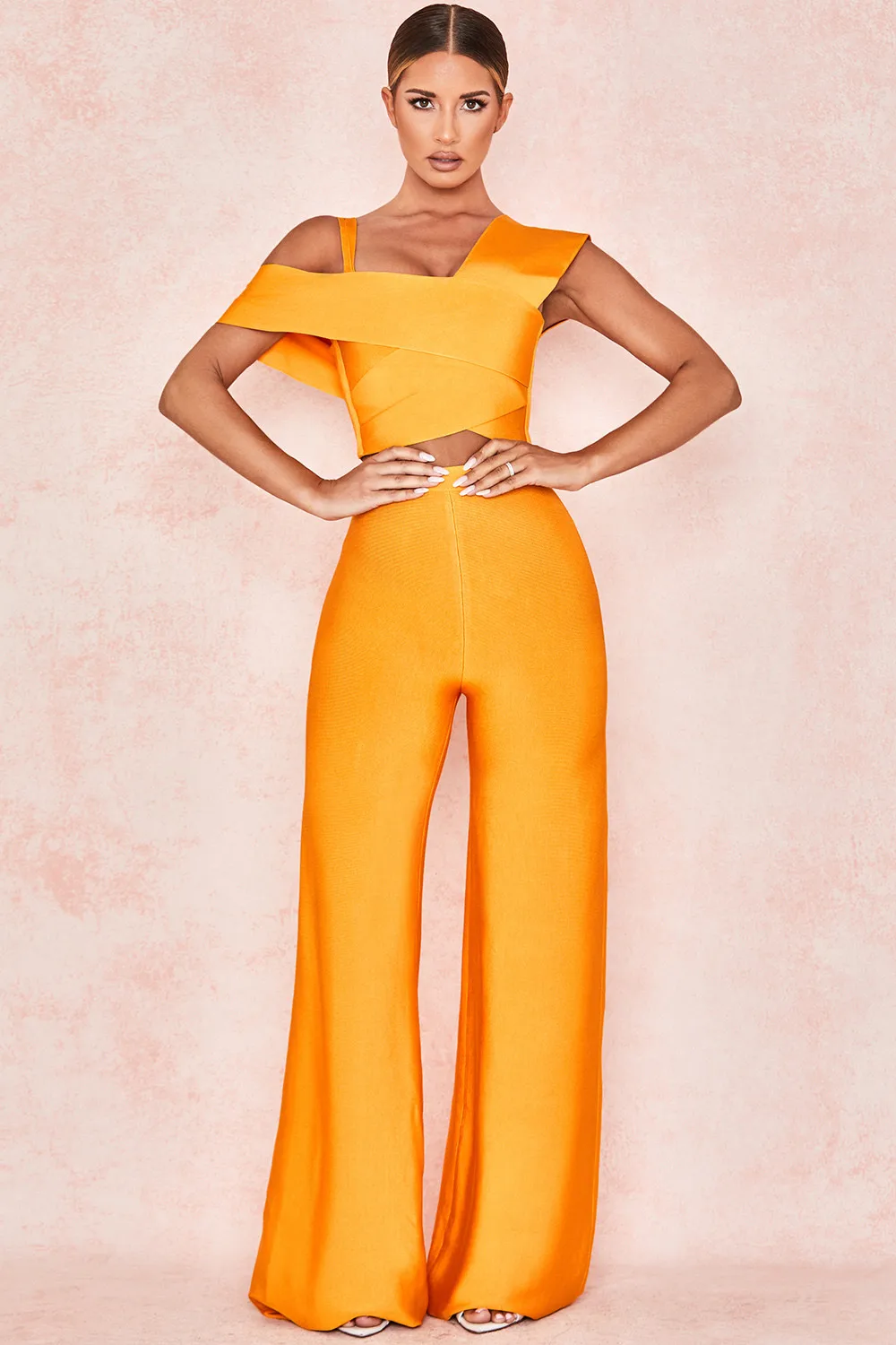 

Top Quality Women Sexy Orange Bandage Jumpsuit 2018 Elegant Knitted Designer Party Jumpsuit