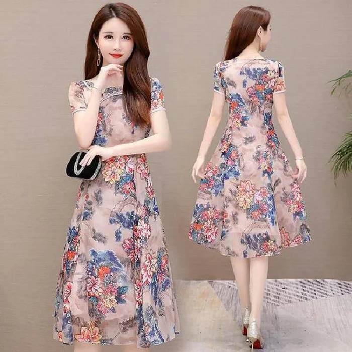 

Hot Selling Retro Modified Version Cheongsam Cuihua Dress Short Sleeve Mid-length Middle-aged Large Size nv zhuang qun