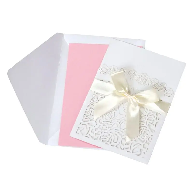  10pcs/set Glitter Hollow Rose Invitations Cards Cover Kits With Bow Ribbon For Wedding Bridal Showe - 4.00036E+12