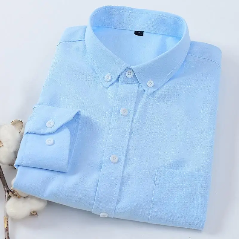 Мужская синяя рубашка-Оксфорд с длинным рукавом и карманом на левой груди, Хлопковая мужская повседневная Однотонная рубашка на пуговицах, 5XL 6XL, большой размер - Цвет: Sky Blue