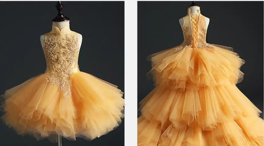 Glizt/длинное Золотое кружевное платье для первого причастия бальное платье из тюля с бусинами для девочек; Пышное Платье с цветочным узором для девочек; платье для свадьбы