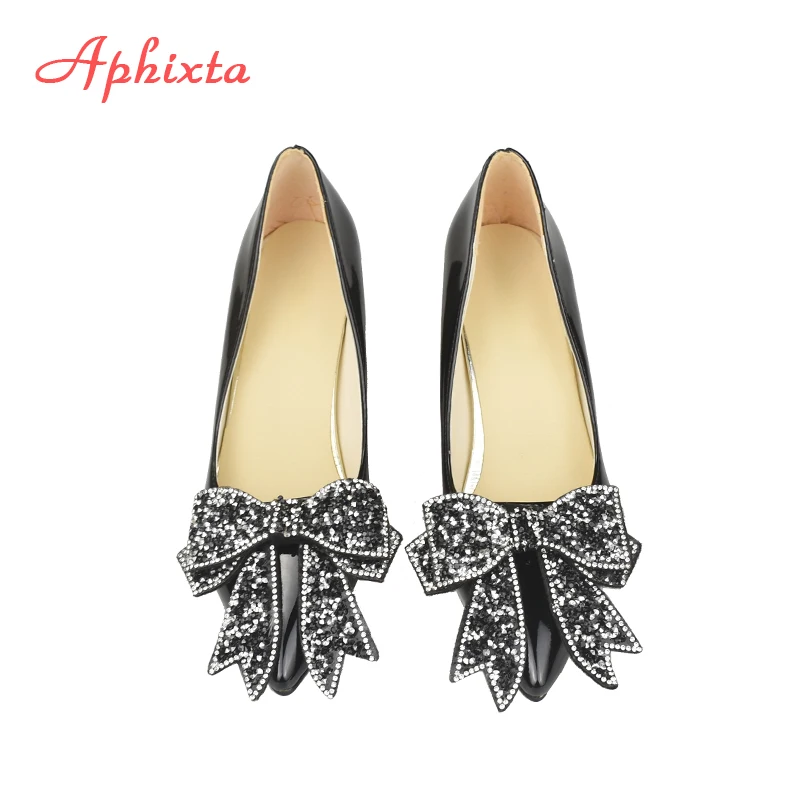 Aphixta Elegant Square Heels Patent Leather Official Pumps Women Bling Sequins Butterfly-knot Pointed Toe Dress Shoes Woman