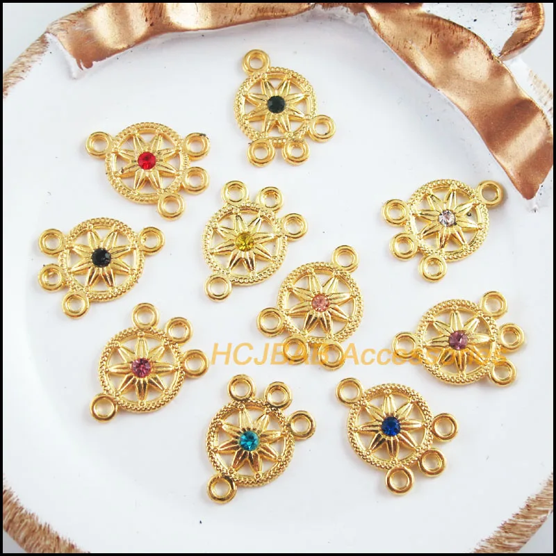

20 New Sunflower Charms Gold Color Retro Mixed Crystal Connectors 13x18mm