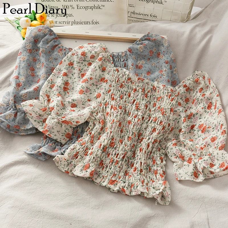 Pearl Diary женские Disty Floral Crop блузка с буфами на рукавах для Кристин корпус Slim Fit